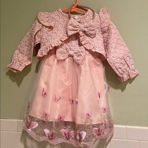 🎀Butterfly Pink Tulle Girl Party Dress With Bolero and Headband Size 12-18M